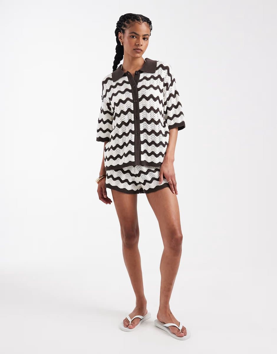 ASOS 4th & Reckless crochet knit beach shirt and beach short co-ord in brown & white zig zag