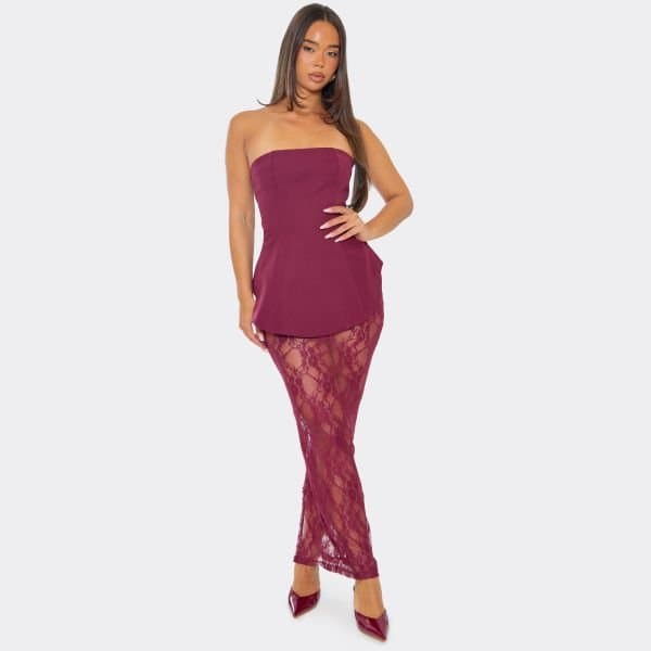 EGO Bandeau Tailored Maxi Dress In Burgundy Lace, Women's Size UK 6
