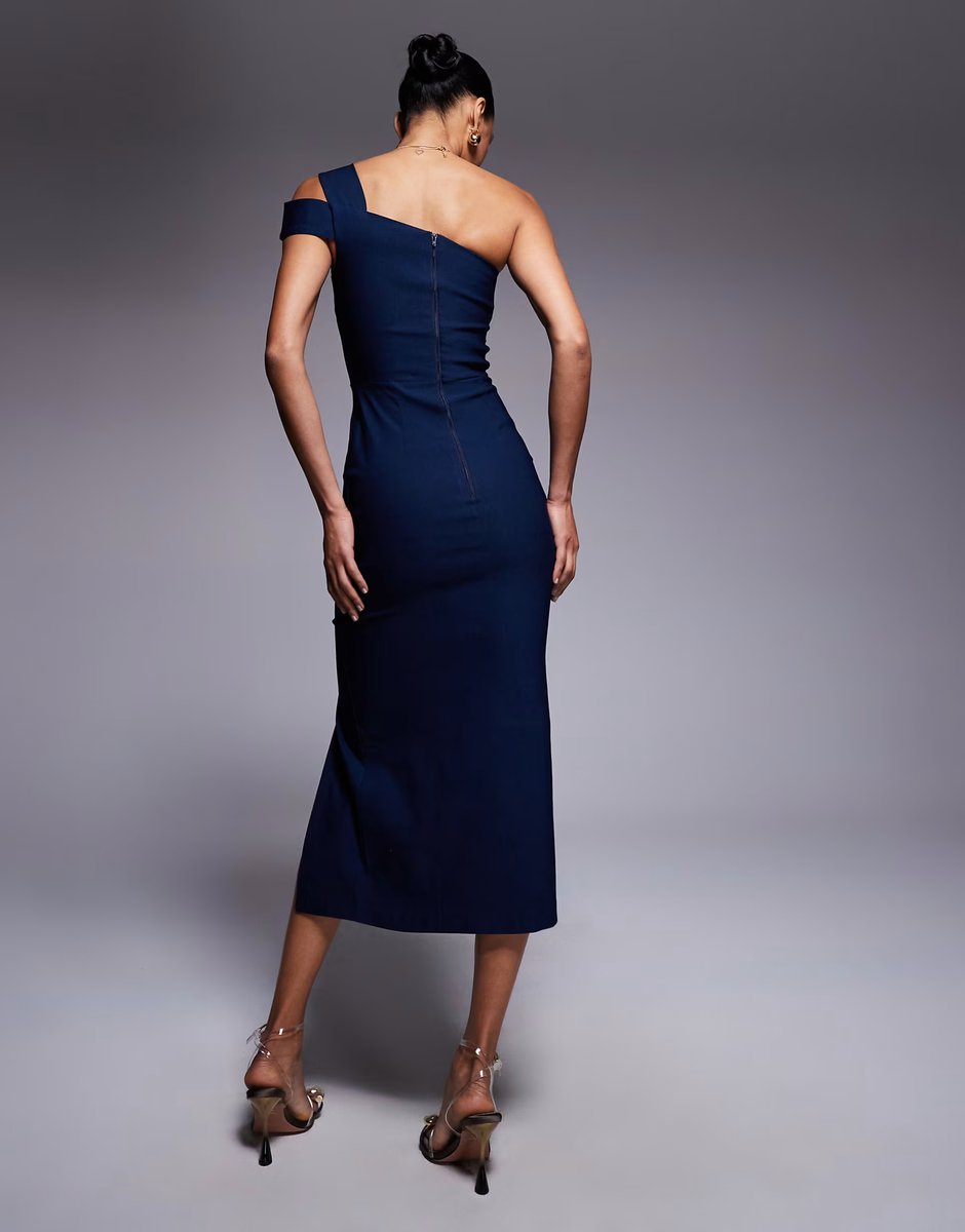 ASOS Vesper One shoulder midaxi dress with thigh split in navy - 4