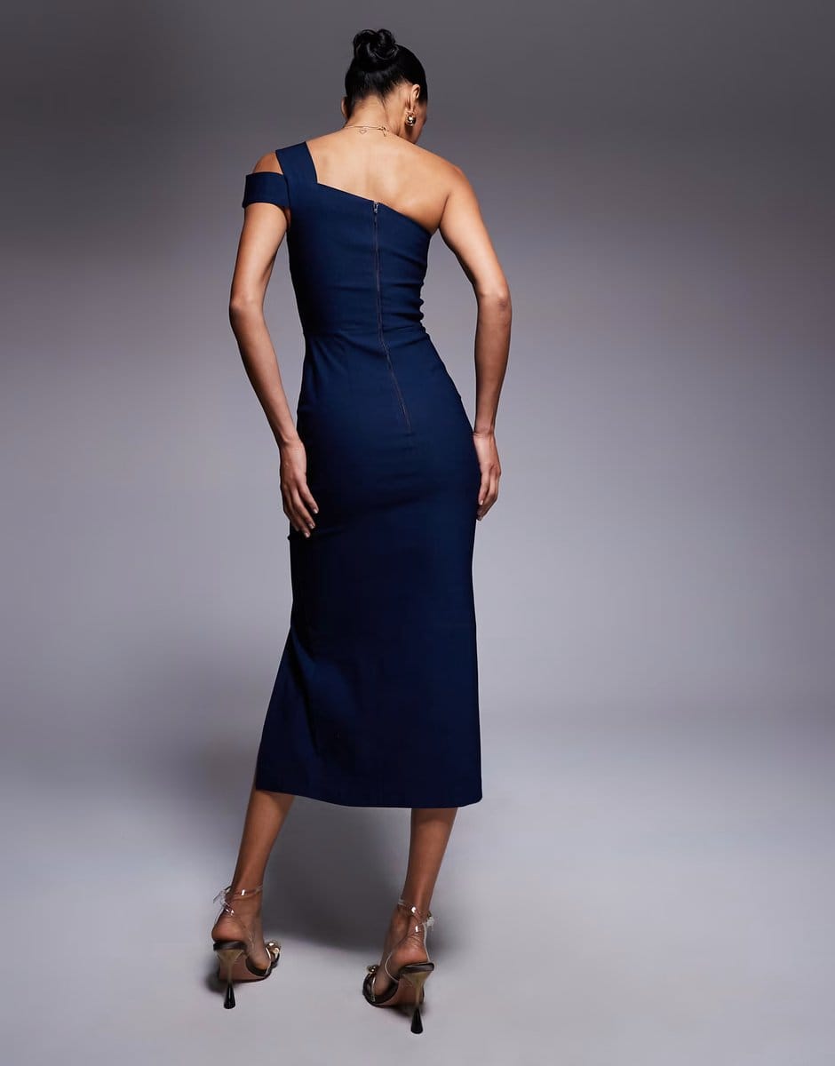 ASOS Vesper One shoulder midaxi dress with thigh split in navy - 4