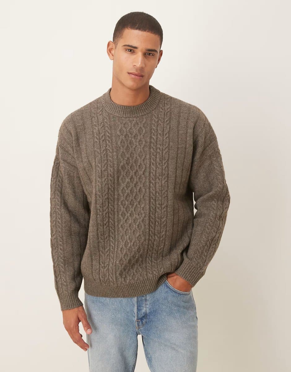 ASOS ASOS DESIGN oversized knitted cable crew neck jumper in brown marl