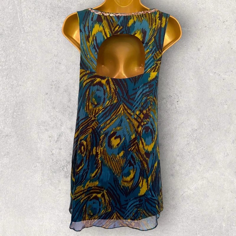 Monsoon Monsoon Womens Petite Teal Silk Peacock Feather Bronze Sequin Dress UK 6 - 2