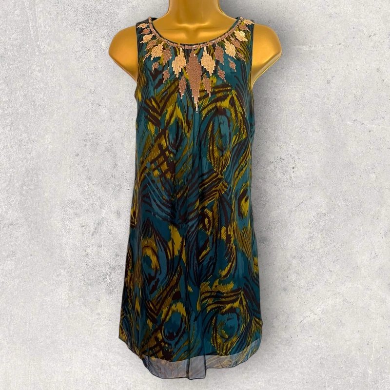 Monsoon Monsoon Womens Petite Teal Silk Peacock Feather Bronze Sequin Dress UK 6 - 3