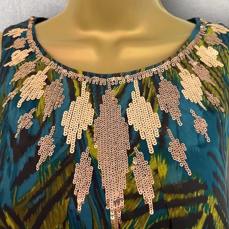 Monsoon Monsoon Womens Petite Teal Silk Peacock Feather Bronze Sequin Dress UK 6 - 4