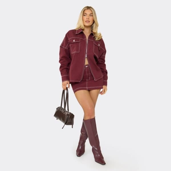 EGO Mid Rise Seam Detail Mini Skirt In Burgundy Denim, Women's Size UK 6 - 1