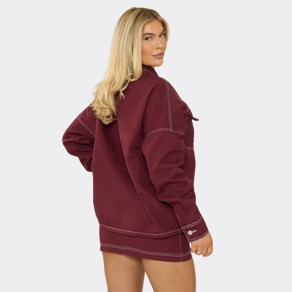 EGO Mid Rise Seam Detail Mini Skirt In Burgundy Denim, Women's Size UK 6 - 2