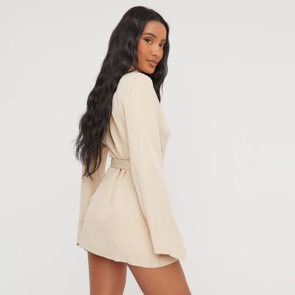 EGO Oversized Belted Detail Blazer Dress In Stone Woven, Women's Size UK 6 - 2