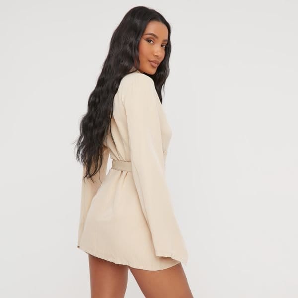 EGO Oversized Belted Detail Blazer Dress In Stone Woven, Women's Size UK 6 - 2
