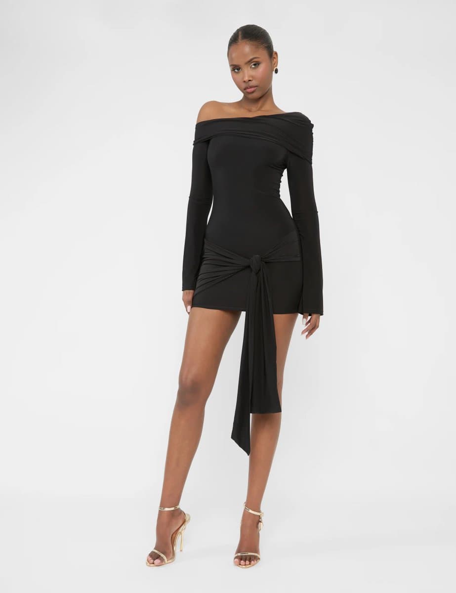 Public Desire Knot Drape Detail Slinky Long Sleeve Mini Dress Black