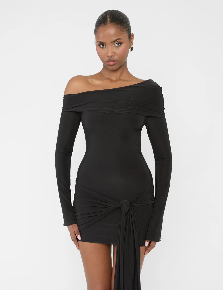 Public Desire Knot Drape Detail Slinky Long Sleeve Mini Dress Black - 2