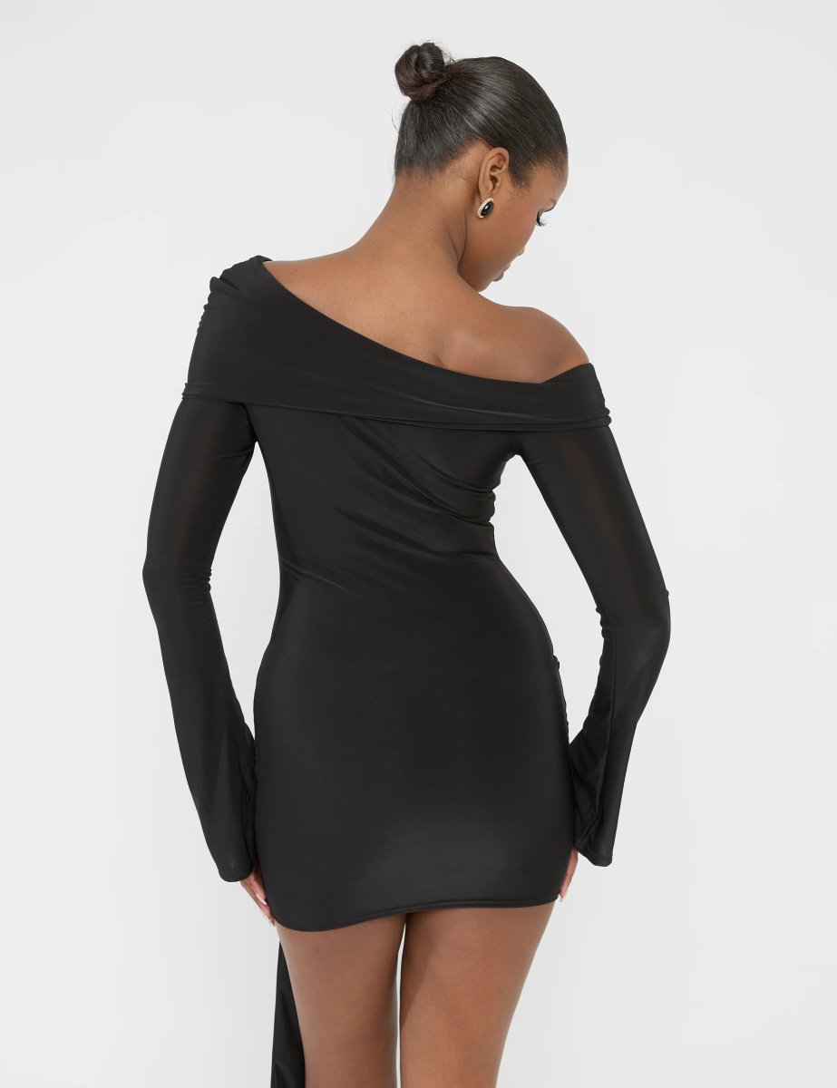 Public Desire Knot Drape Detail Slinky Long Sleeve Mini Dress Black - 3