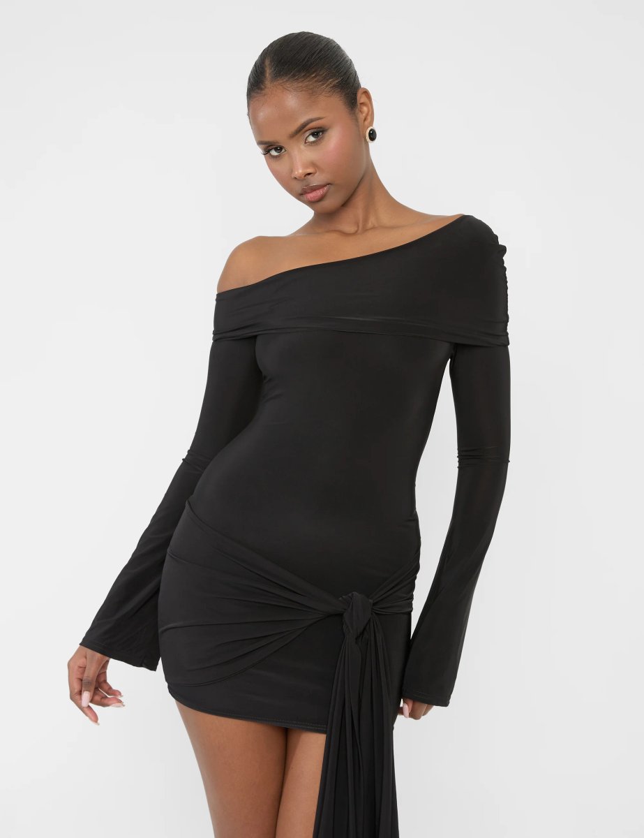 Public Desire Knot Drape Detail Slinky Long Sleeve Mini Dress Black - 4