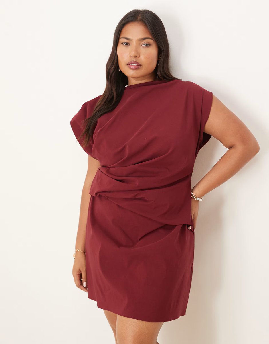 ASOS ASOS DESIGN Curve high neck pleated bengaline mini dress in Burgundy - 3