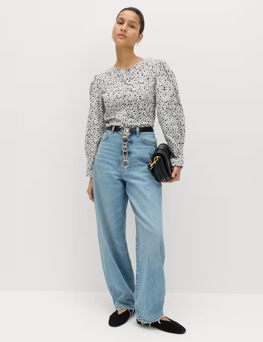 Marks & Spencer M&S Pure Cotton Printed Button Through Blouse Ivory Mix