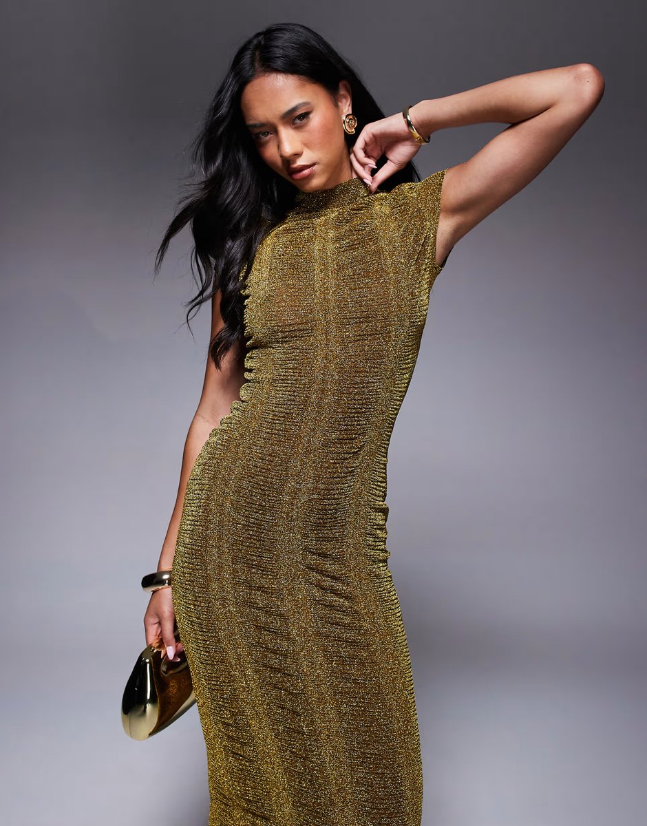 ASOS ASOS DESIGN ribbed glitter cap sleeve midi bodycon dress in gold - 3