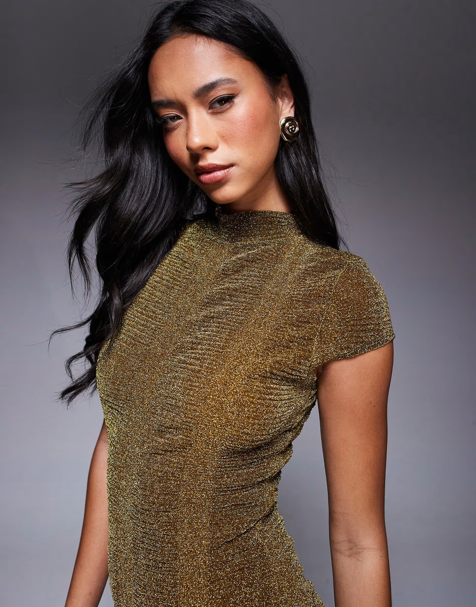 ASOS ASOS DESIGN ribbed glitter cap sleeve midi bodycon dress in gold - 4