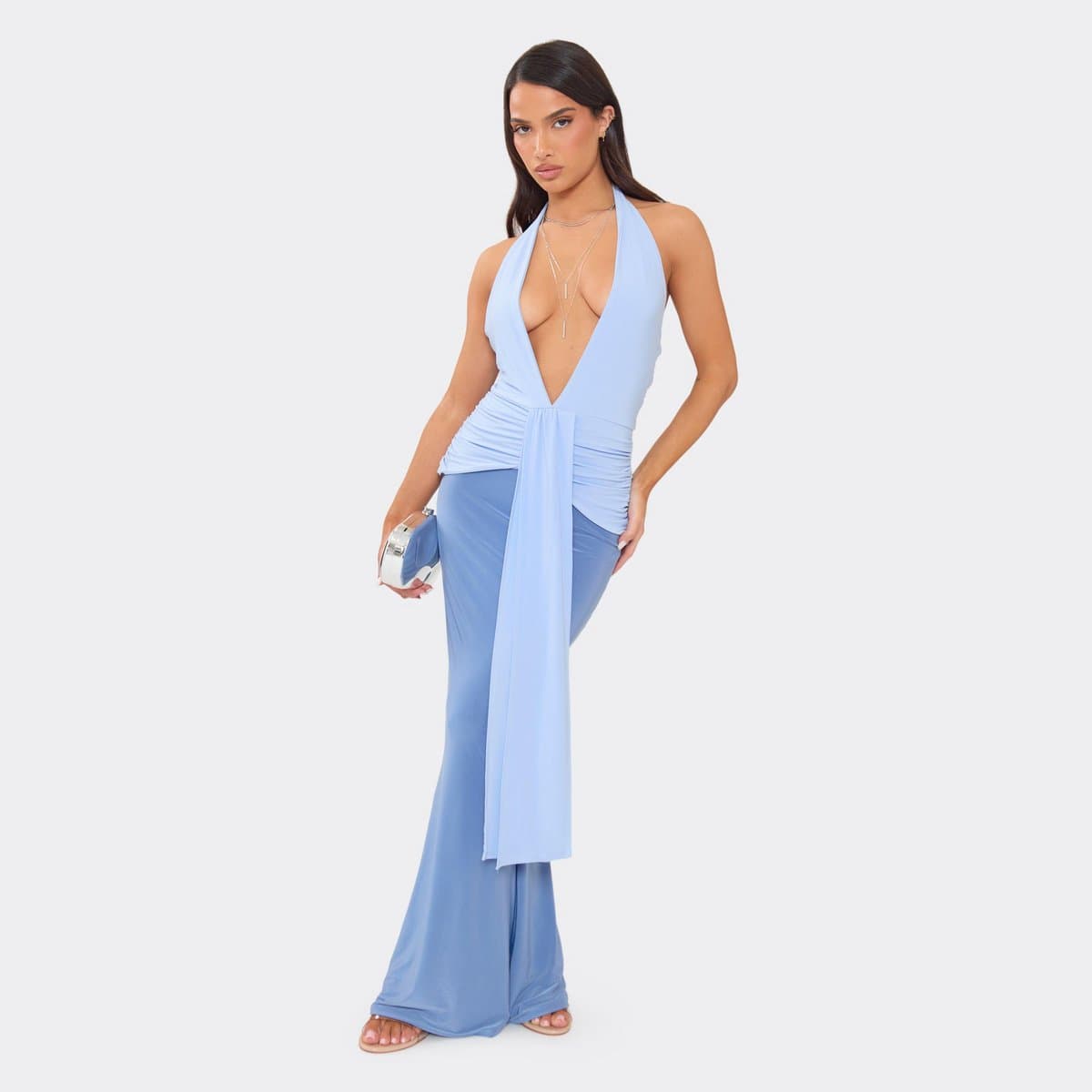 EGO Plunge Halterneck Drape Front Ruched Contrast Maxi Dress In Blue, Women's Size UK 6