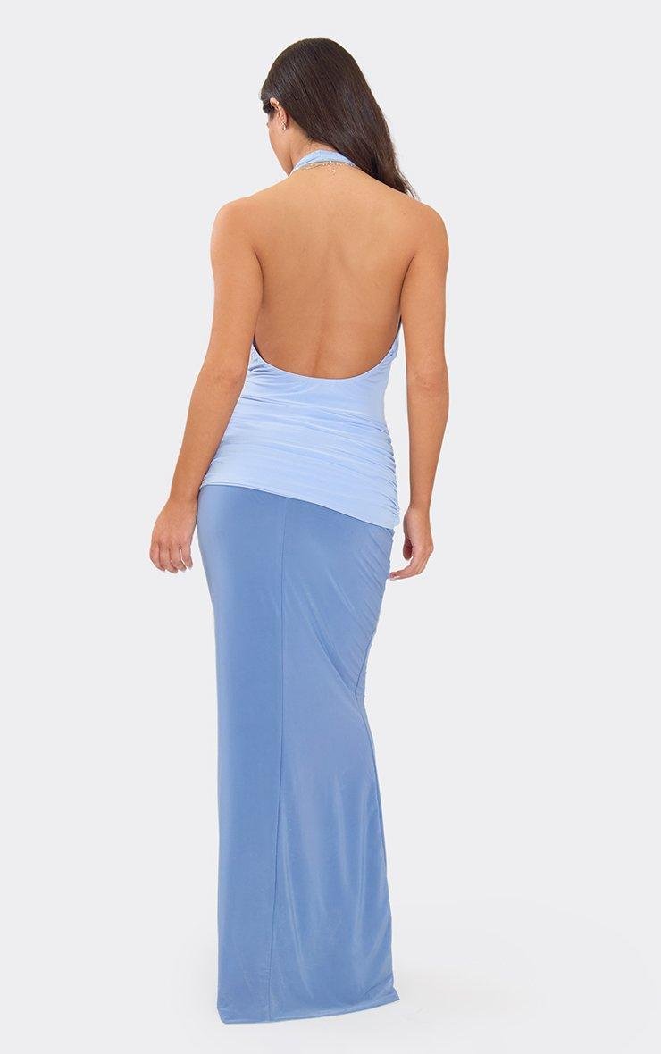 EGO Plunge Halterneck Drape Front Ruched Contrast Maxi Dress In Blue, Women's Size UK 6 - 2