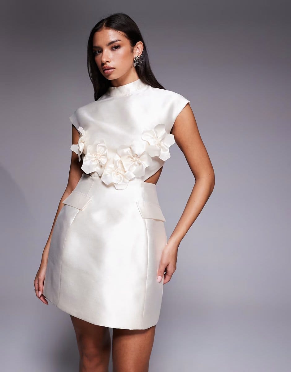ASOS ASOS LUXE structured satin corsage sculpted mini dress in cream - 1