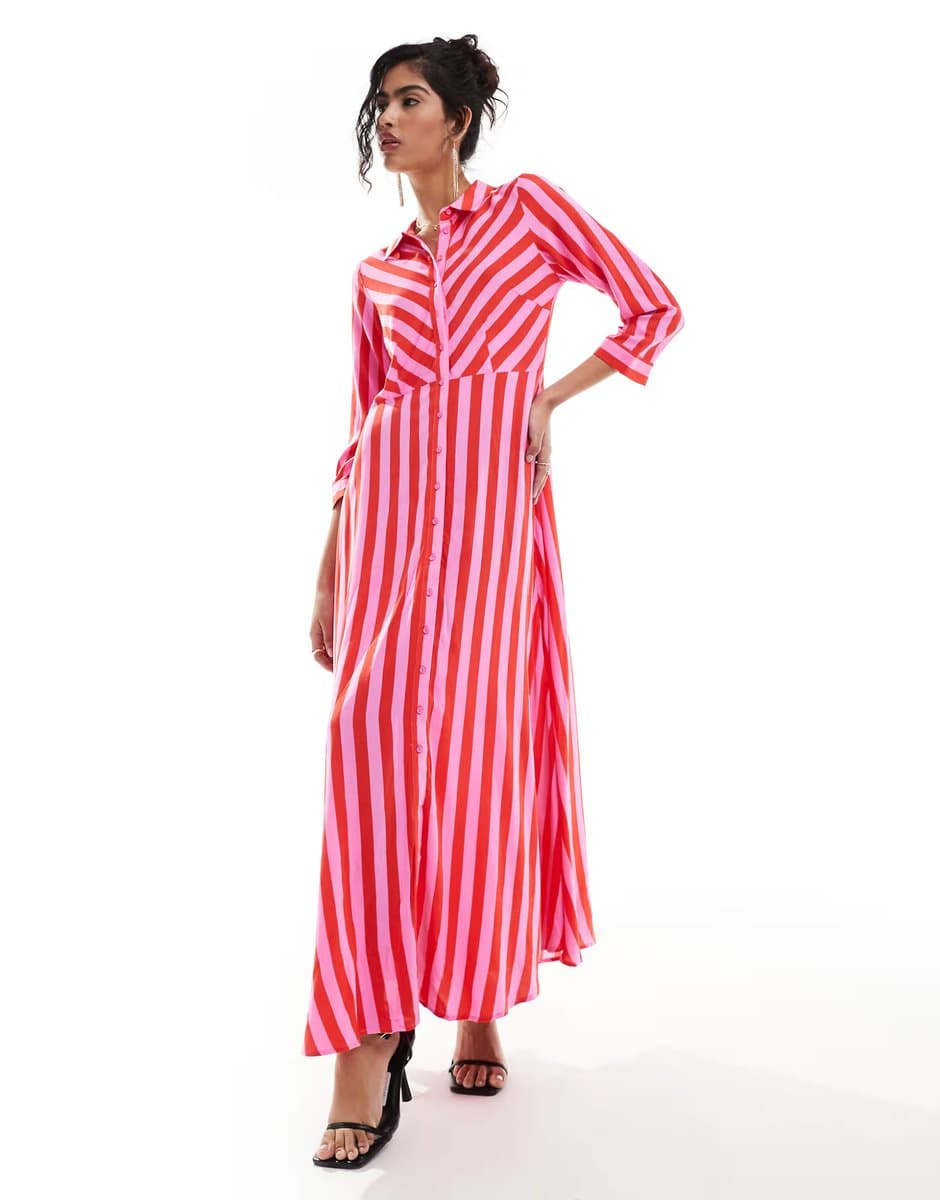 ASOS YAS maxi shirt dress in pink and red stripe - MULTI