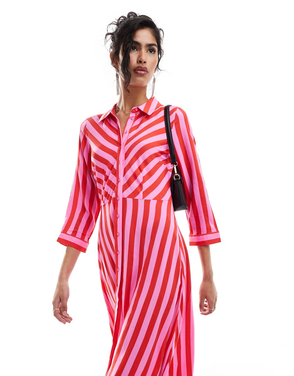 ASOS YAS maxi shirt dress in pink and red stripe - MULTI - 3