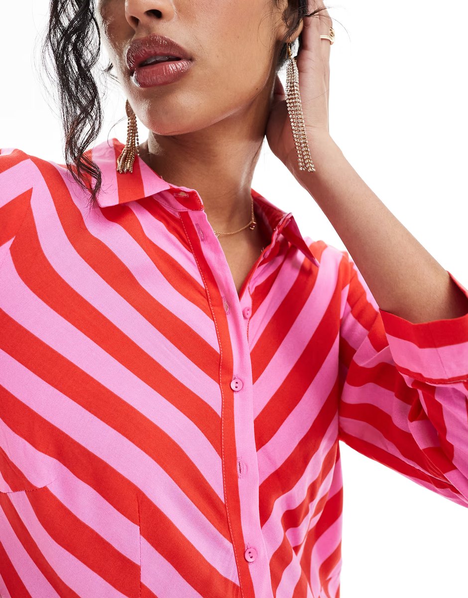 ASOS YAS maxi shirt dress in pink and red stripe - MULTI - 4
