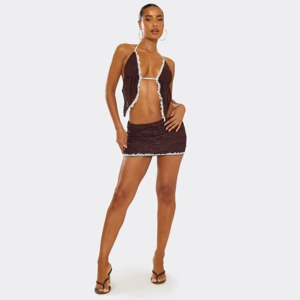 EGO Mid Waist Contrast Frill Detail Mini Skirt In Brown Lace, Women's Size UK 8 - 1