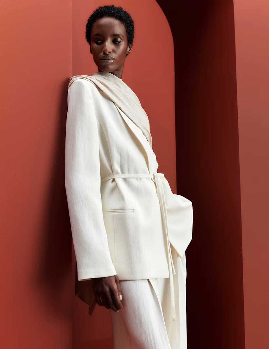 Marks & Spencer M&S Tie Belted Blazer with Linen Ivory