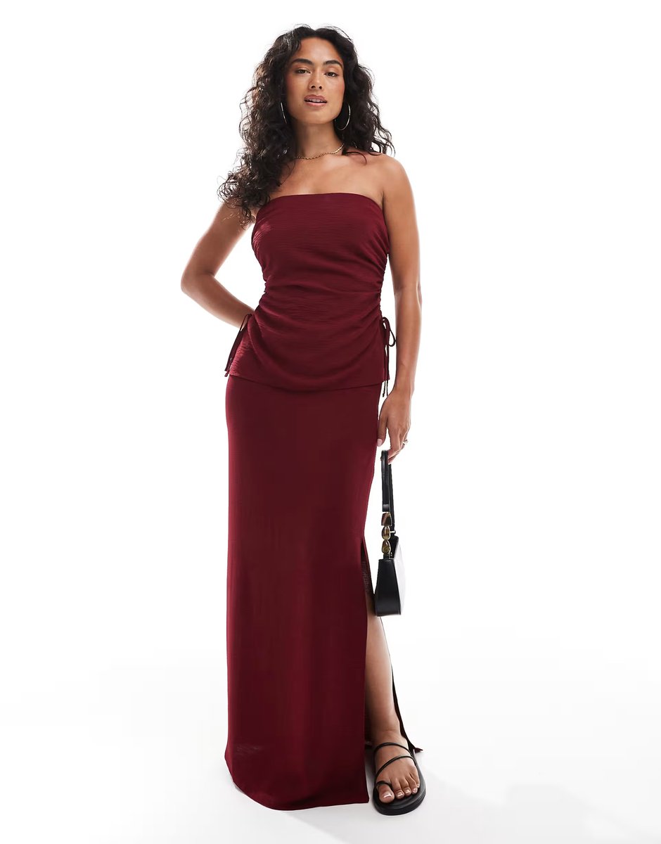 ASOS ASOS DESIGN ruched side detail bandeau co-ord top in wine - 2