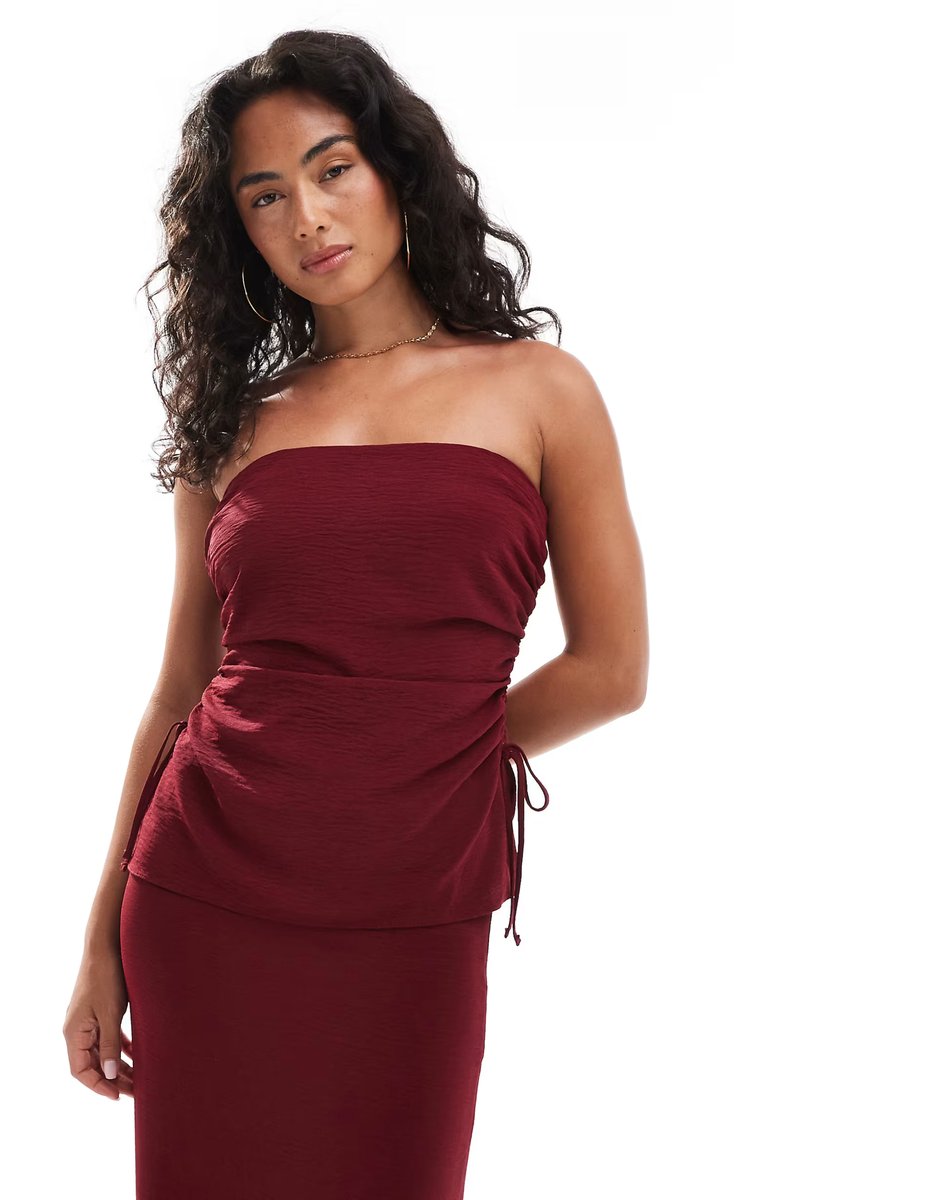 ASOS ASOS DESIGN ruched side detail bandeau co-ord top in wine - 3