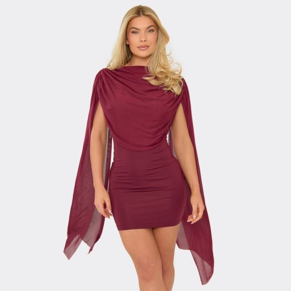 EGO Mesh Cape Overlay Ruched Detail Mini Dress In Burgundy, Women's Size UK 6 - 1