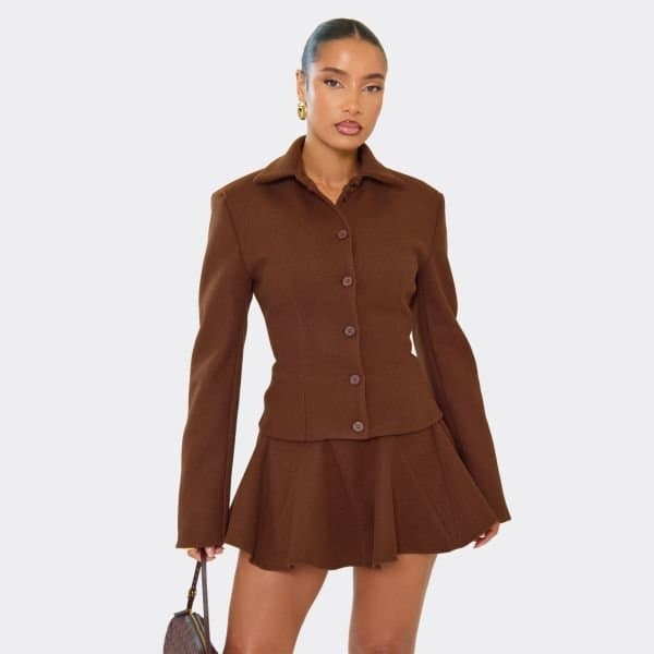 EGO Shoulder Pad Cinched Waist Button Up Wool Look Top In Chocolate Brown, Women's Size UK 6