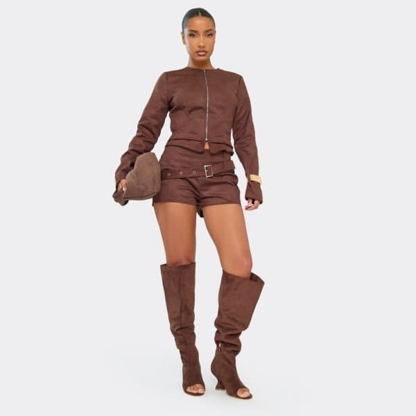 EGO Rev Peep Toe Knee High Wedge Boot In Brown Faux Suede, Women's Size UK 3
