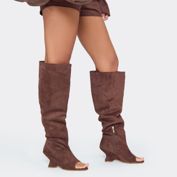 EGO Rev Peep Toe Knee High Wedge Boot In Brown Faux Suede, Women's Size UK 3 - 2