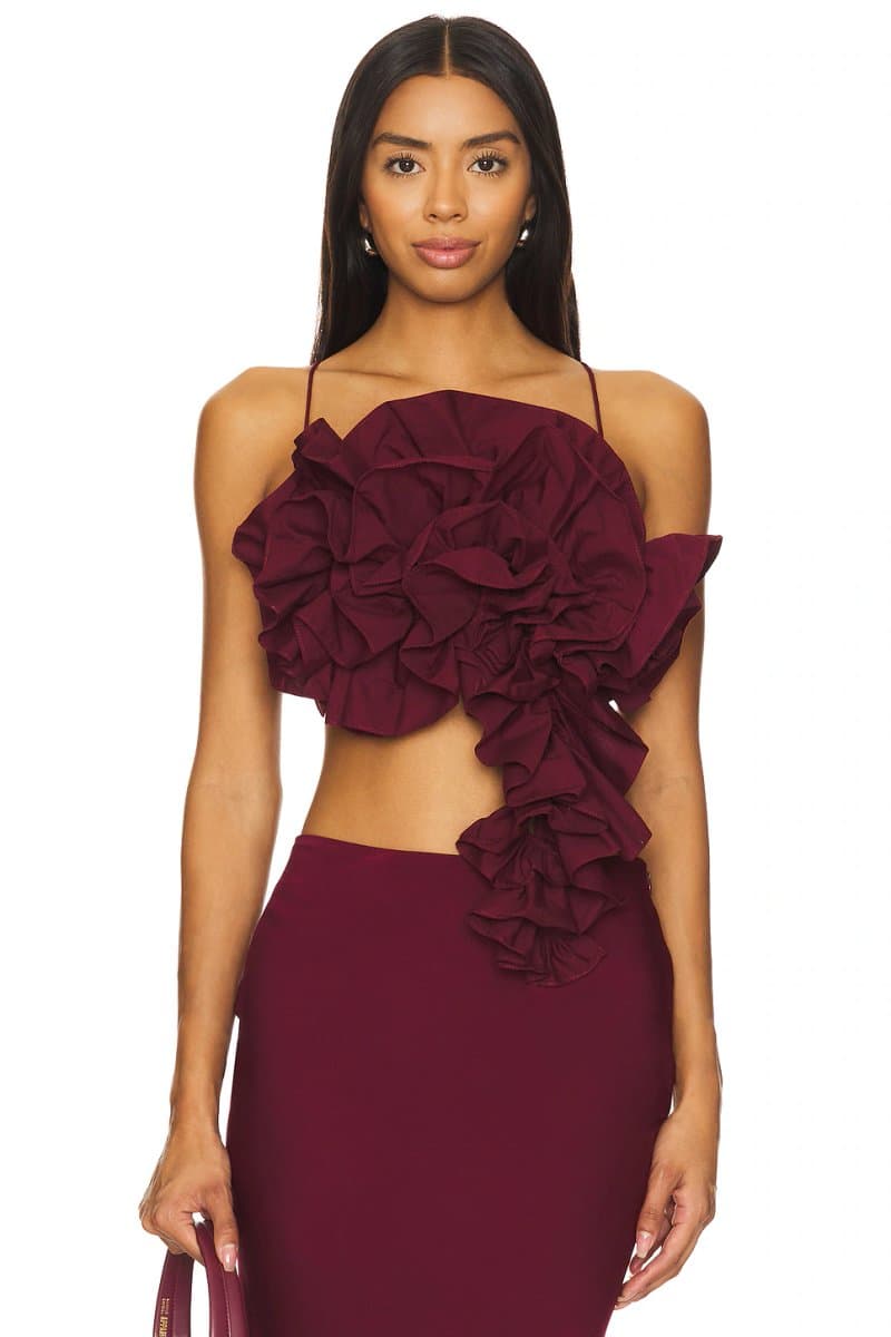 revolve Revolve Camila Coelho Ruffled Off-Shoulder Top in Oxblood Red