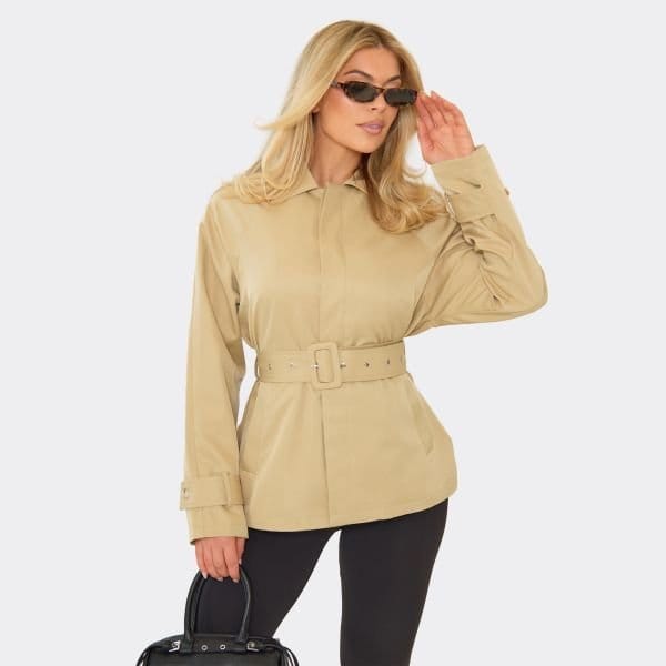 EGO Belted Detail Mid Length Trench Coat In Stone, Women's Size UK 6 - 1