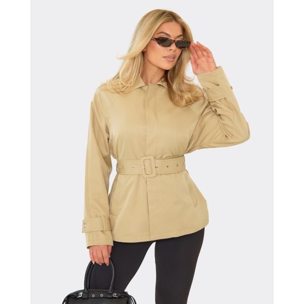 EGO Belted Detail Mid Length Trench Coat In Stone, Women's Size UK 6 - 2