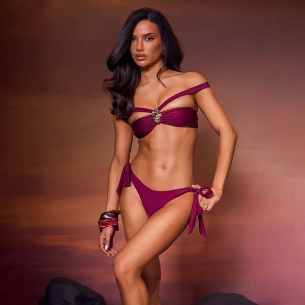 EGO Bardot Trim Detail Bikini Set In Plum, Women's Size UK 6 - 1