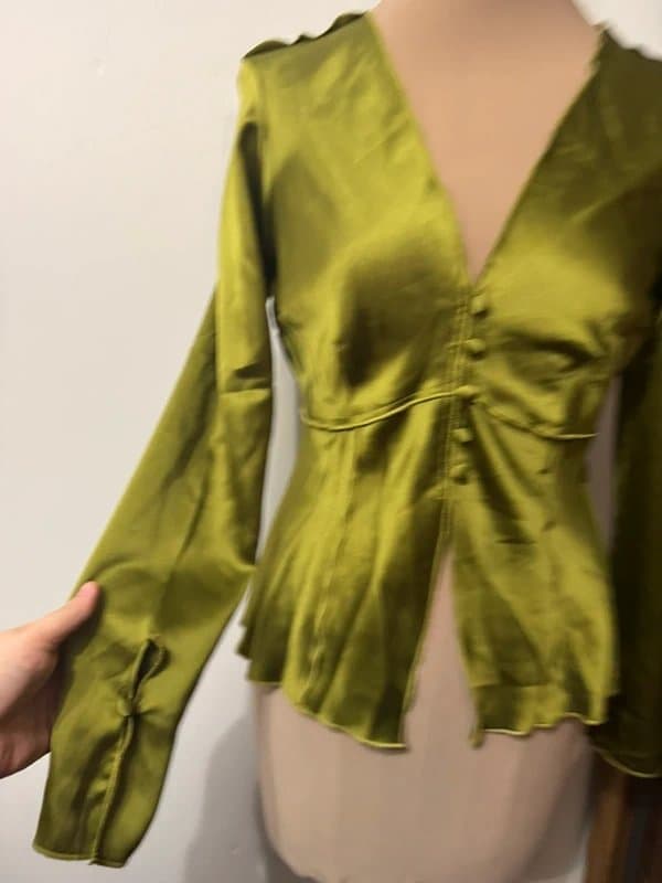 ASOS Design tie front long sleeve satin top in olive green silky rough edge long sleeve shirt size 10