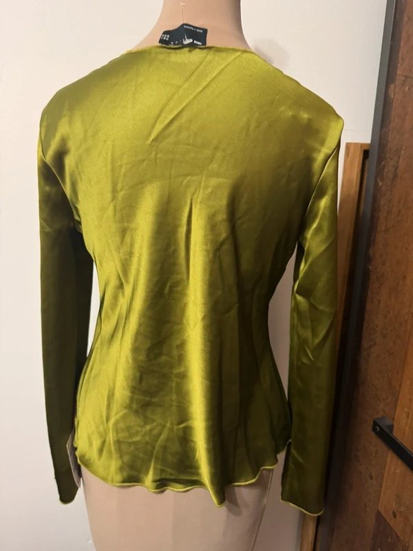 ASOS Design tie front long sleeve satin top in olive green silky rough edge long sleeve shirt size 10 - 2