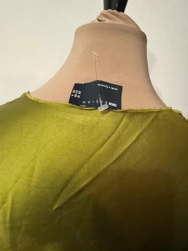 ASOS Design tie front long sleeve satin top in olive green silky rough edge long sleeve shirt size 10 - 3