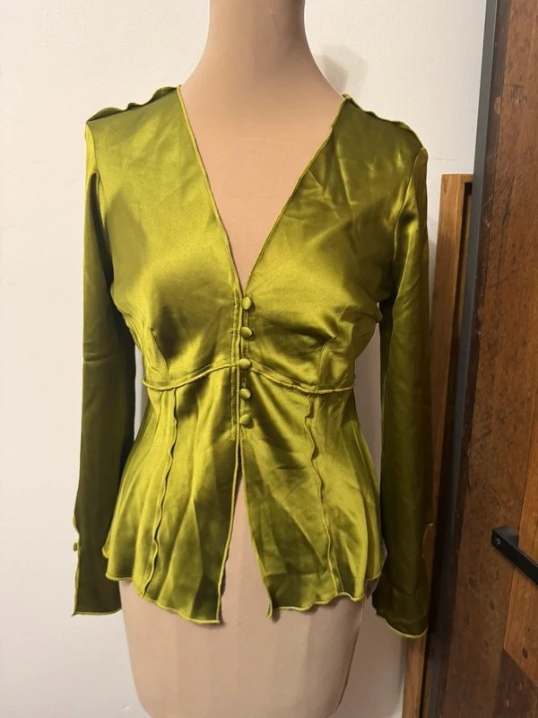 ASOS Design tie front long sleeve satin top in olive green silky rough edge long sleeve shirt size 10 - 4