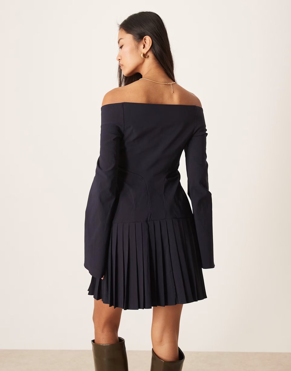 ASOS ASOS DESIGN long sleeve pleated skirt mini dress in deep navy - 3