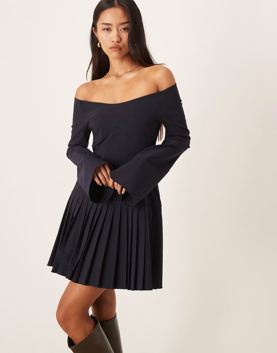 ASOS ASOS DESIGN long sleeve pleated skirt mini dress in deep navy - 4