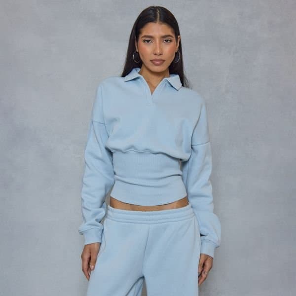 EGO EGO Stylish Blue Side Stripe Cinched Waist Sweatshirt in Blue