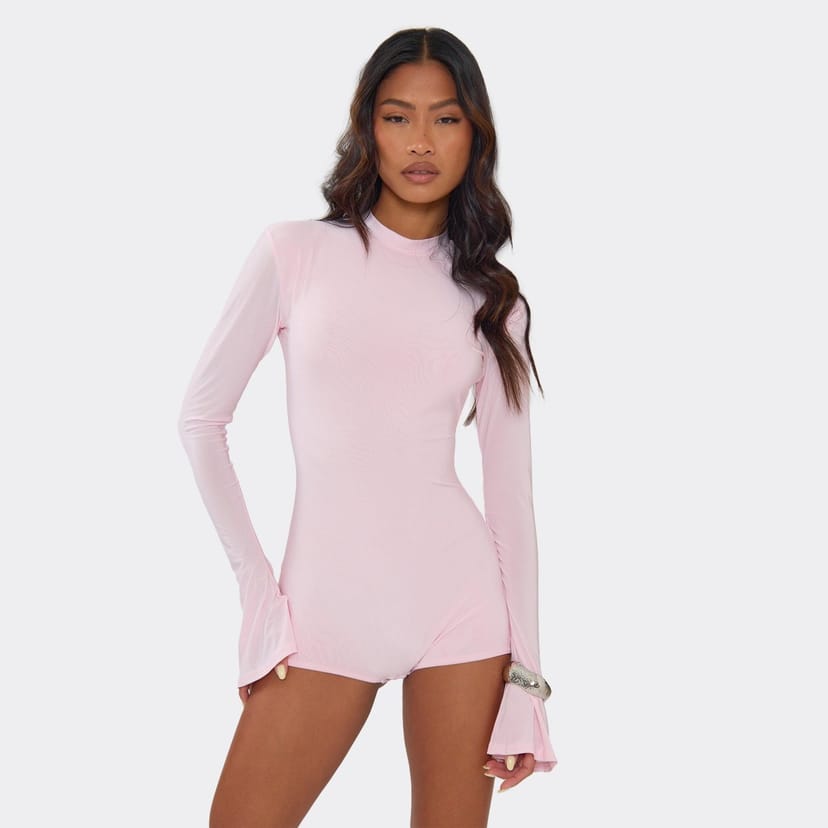 EGO Long Flute Sleeve Playsuit In Baby Pink Slinky, Women's Size UK 6 - 1