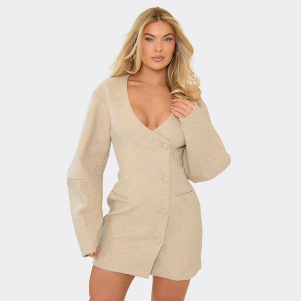 EGO Balloon Sleeve Button Front Wool Look Blazer Dress In Beige, Women's Size UK 6 - 1