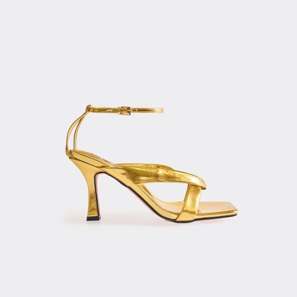 EGO Violet-Game Strappy Detail Square Toe Heel In Gold Faux Leather, Women's Size UK 3 - 2