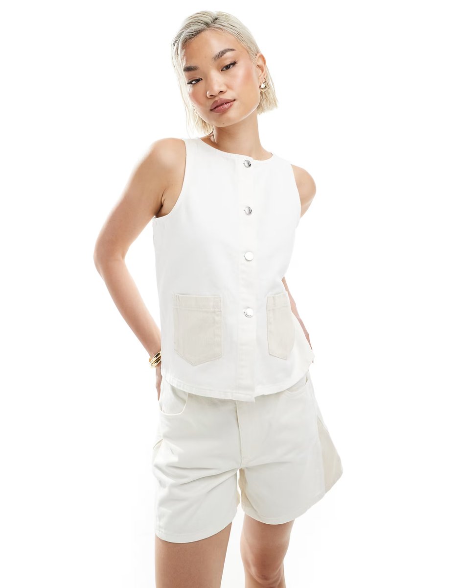 ASOS ASOS DESIGN denim button down tank top with contrast pockets co-ord - 1