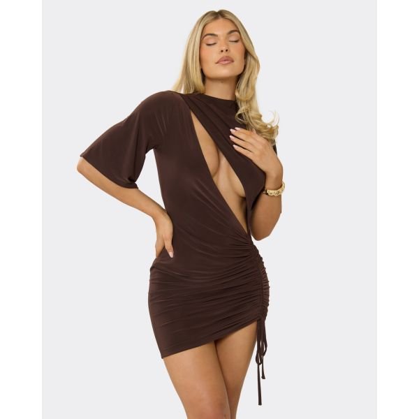 EGO HIGH NECK CUT OUT PANEL RUCHED MINI DRESS IN BROWN, Women's Size UK 6 - 2